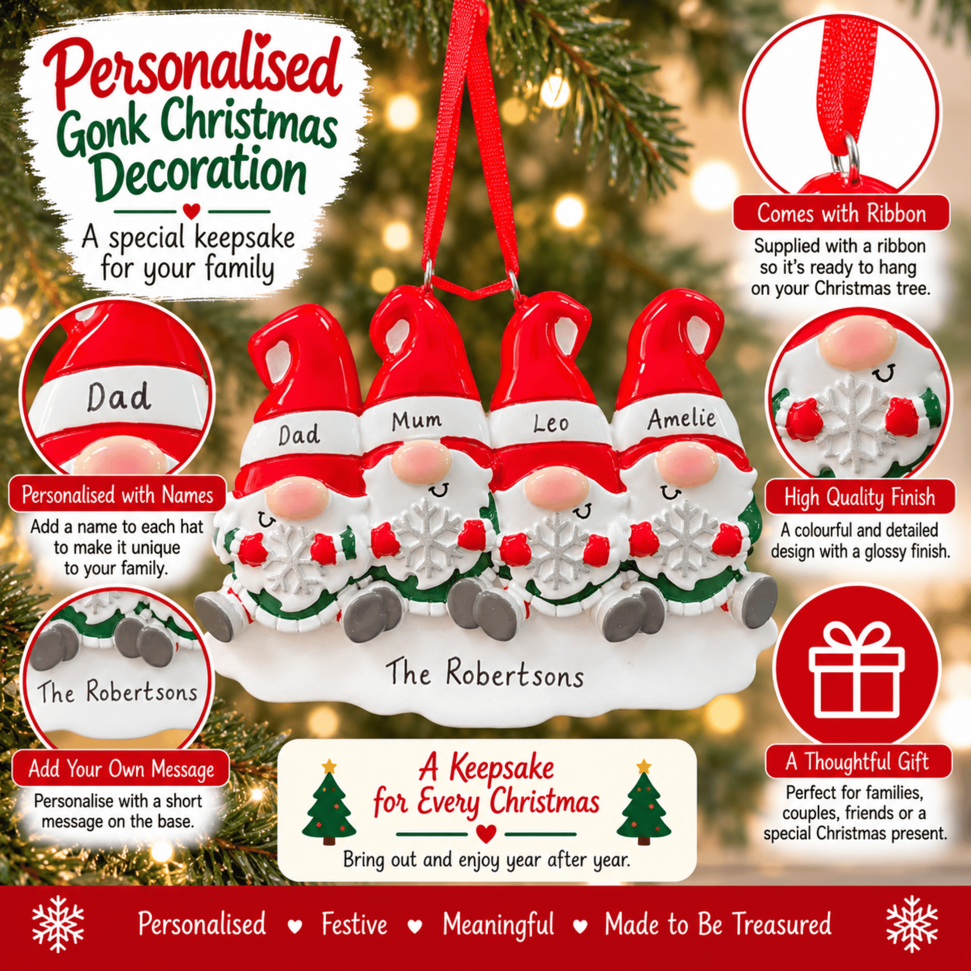 personalised gonk christmas tree decoration with names on the hats and a short message underneath