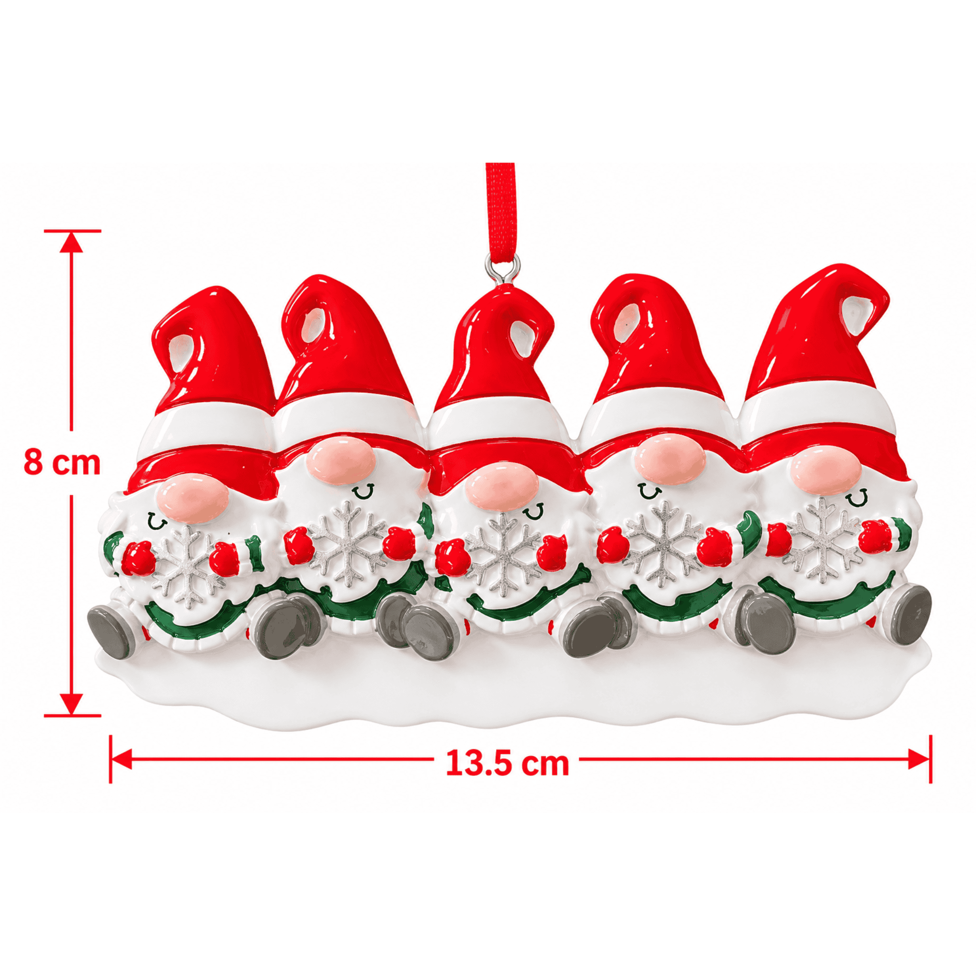 personalised gonk christmas tree decoration with names on the hats and a short message underneath