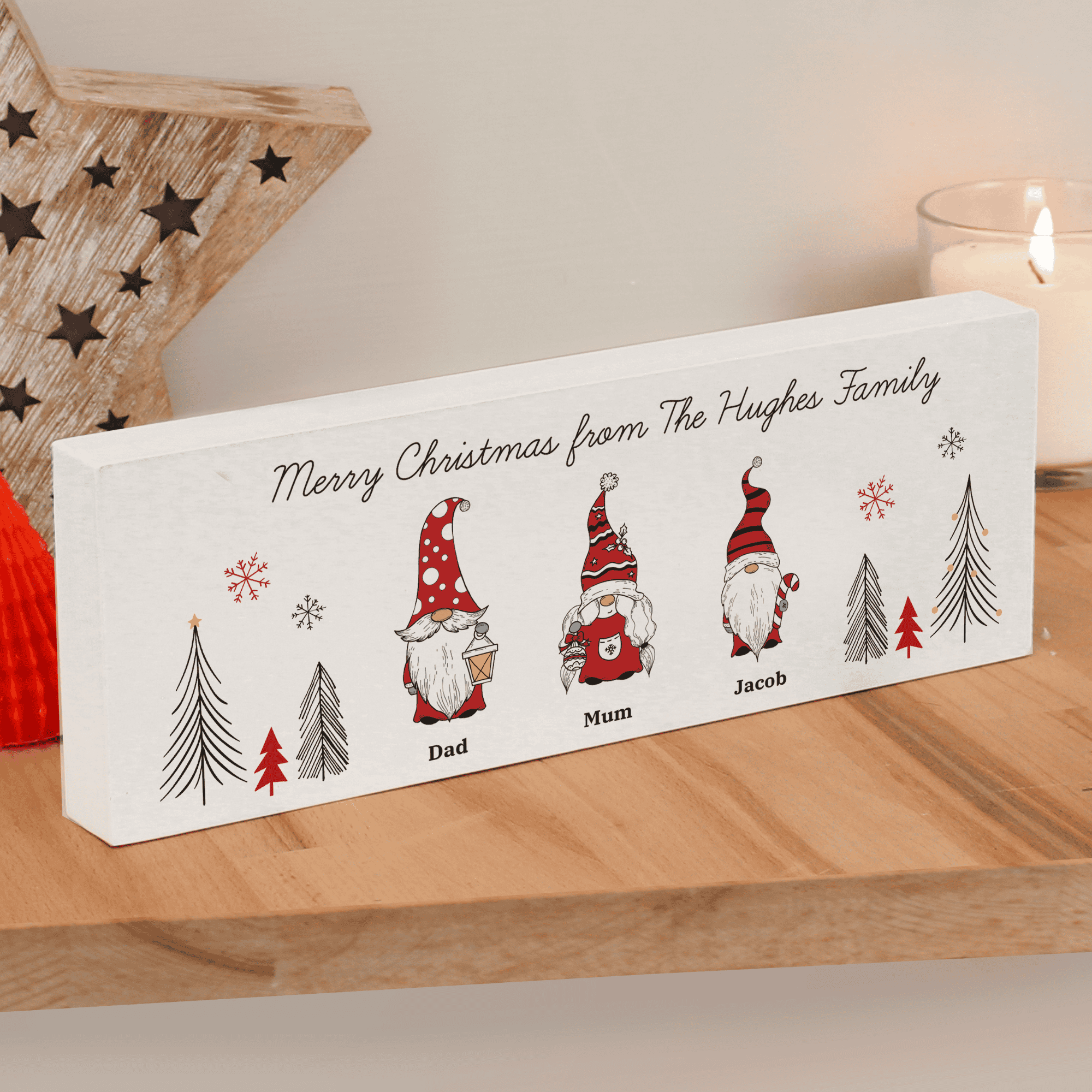 personalised gonk family wooden mantle block