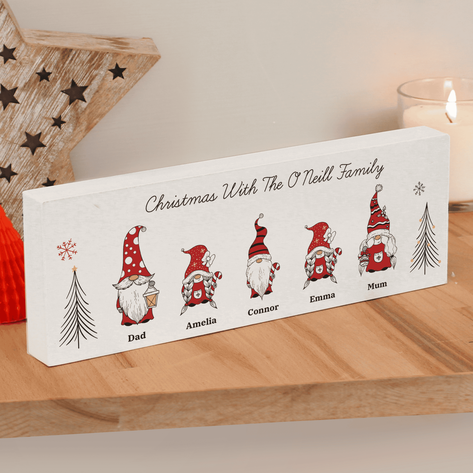personalised gonk family wooden mantle block