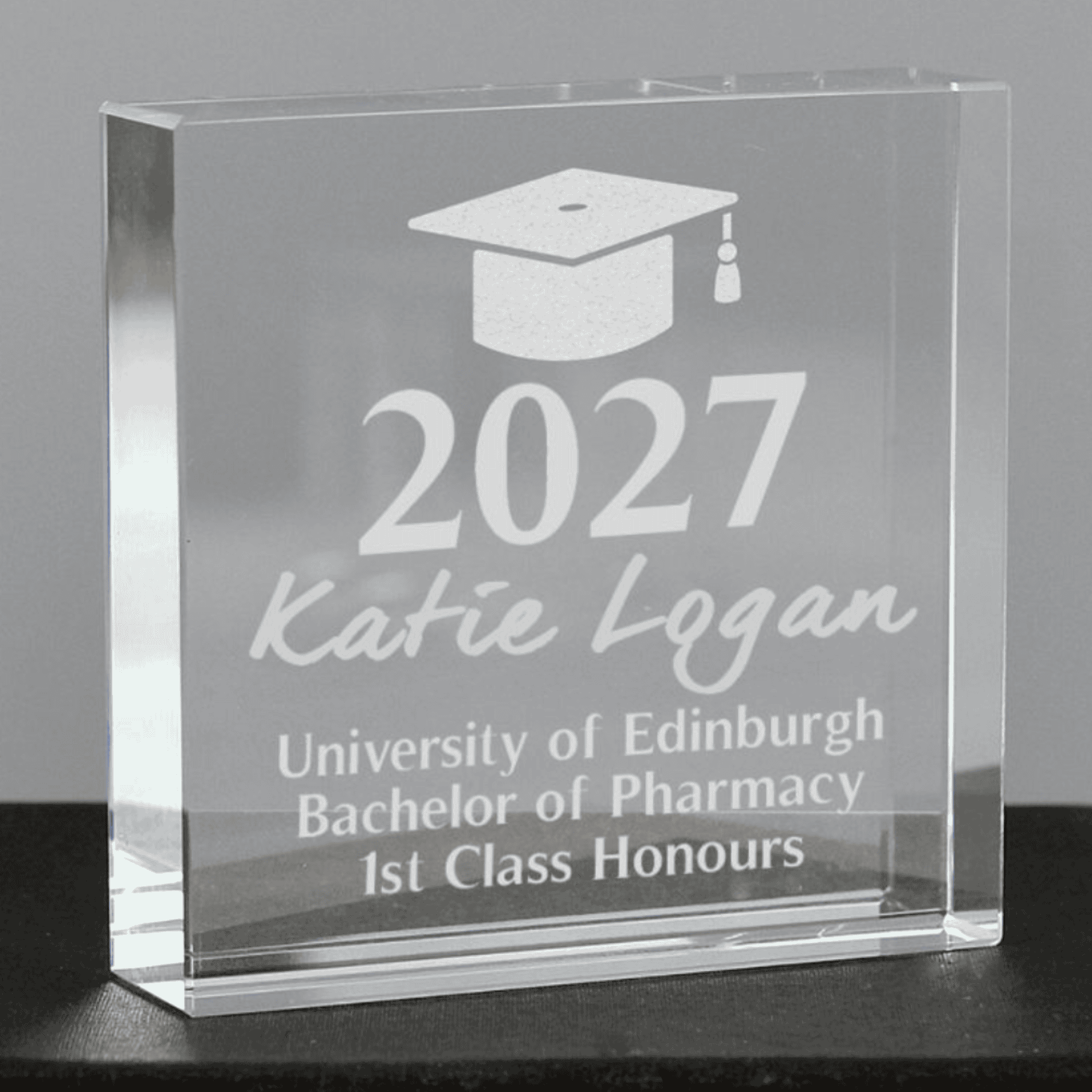 personalised graduation crystal token ornament engraved with the year, name and message over 3 lines