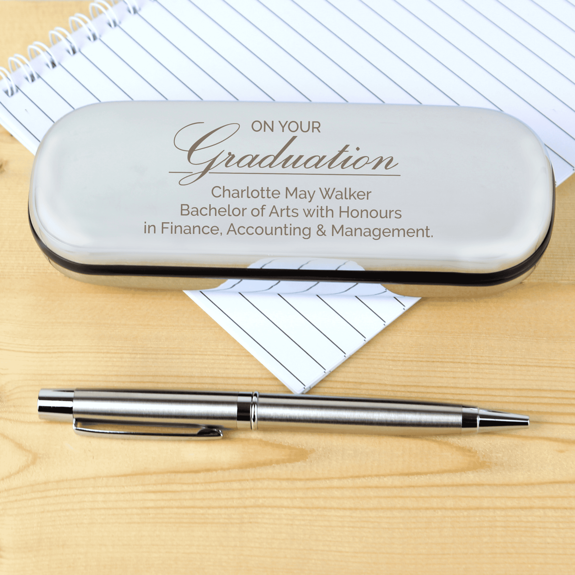 personalised graduation pen box and pen set. the box is engraved with any message over 3 lines