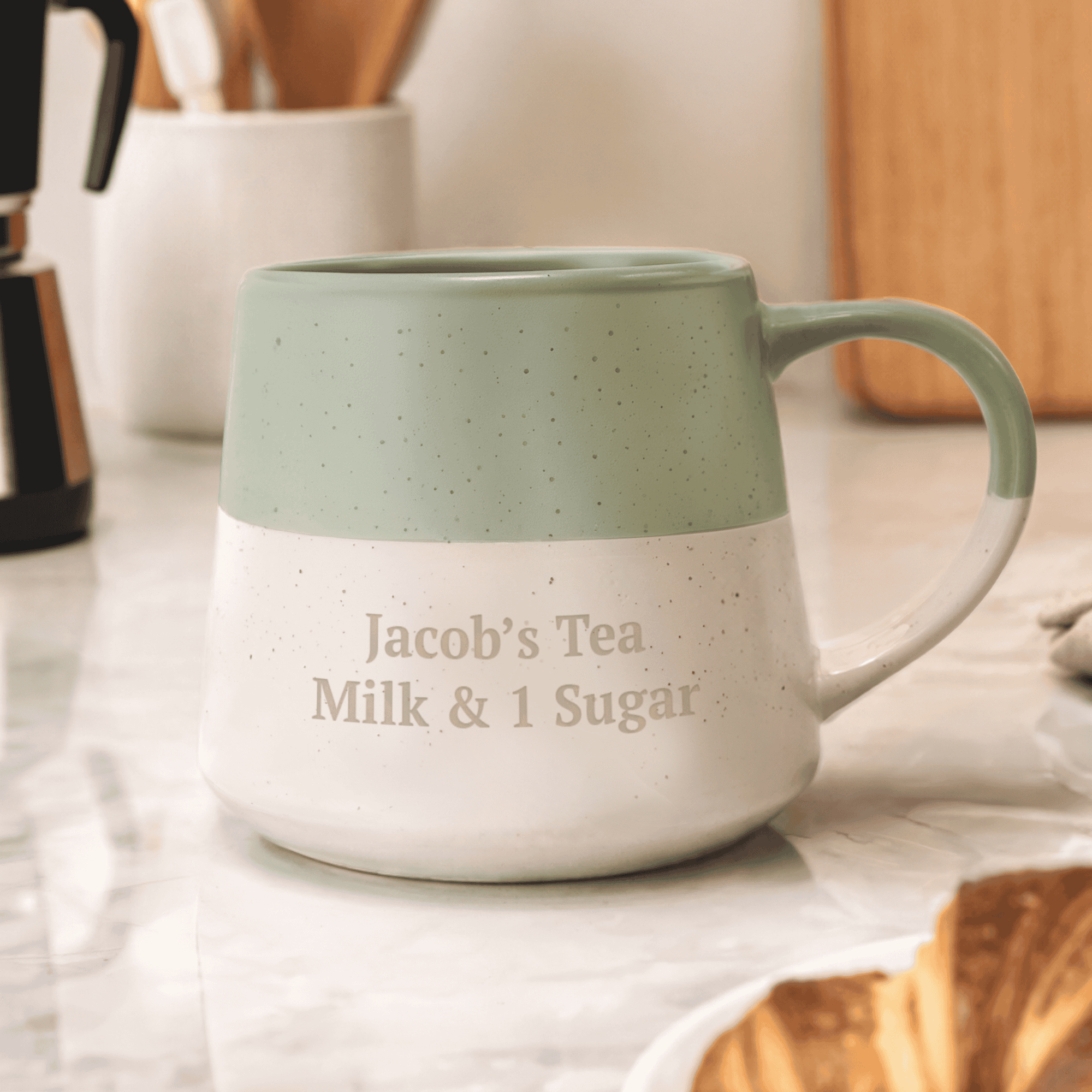 personalised speckled green mug with message.
