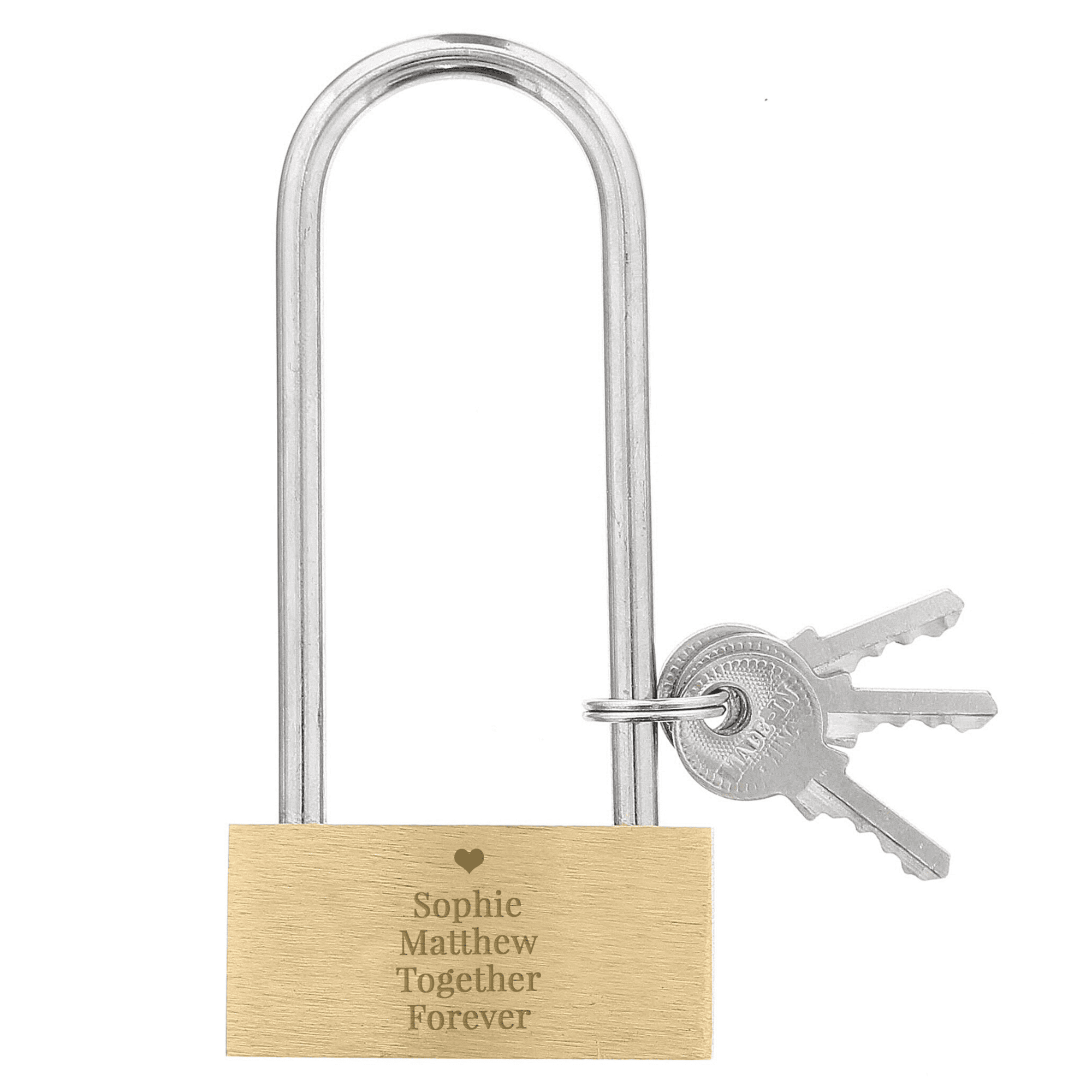 personalised heart motif padlock with 2 keys engraved with any message over 4 lines before the little heart design
