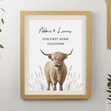 personalised highland cow framed print personalised over 3 lines above the highland cow image