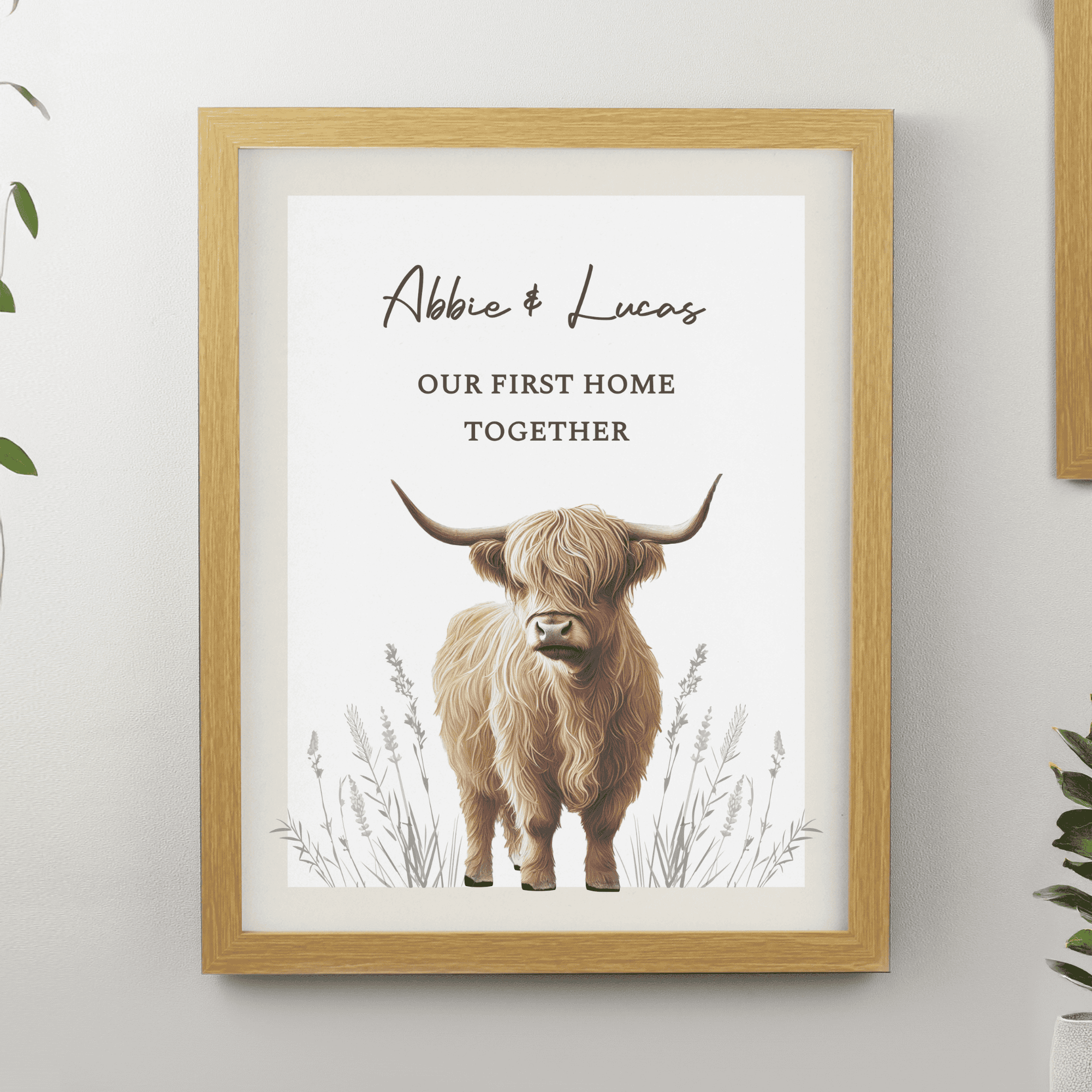 personalised highland cow framed print personalised over 3 lines above the highland cow image