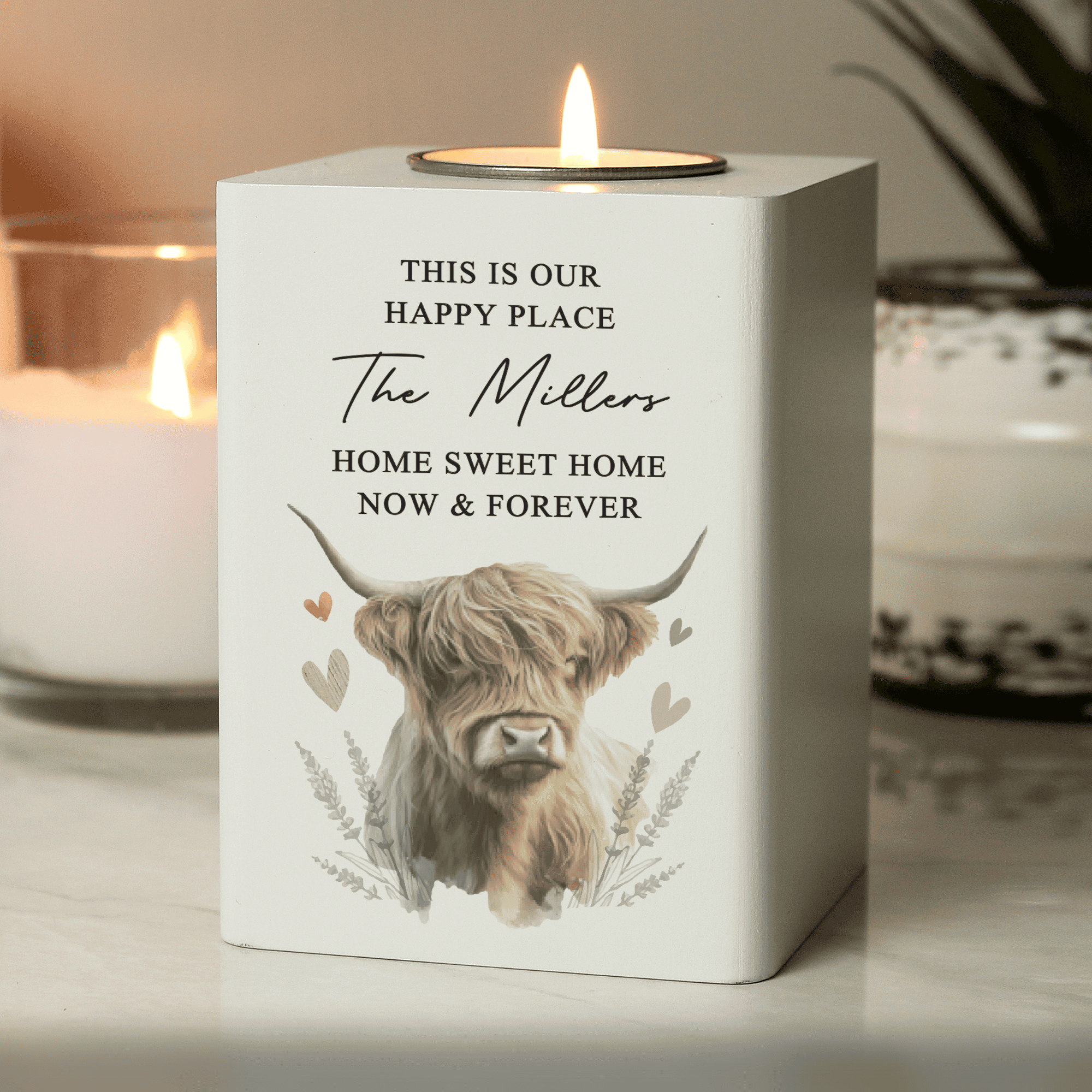 personalised highland cow wooden tealight holder with any message over 5 lines