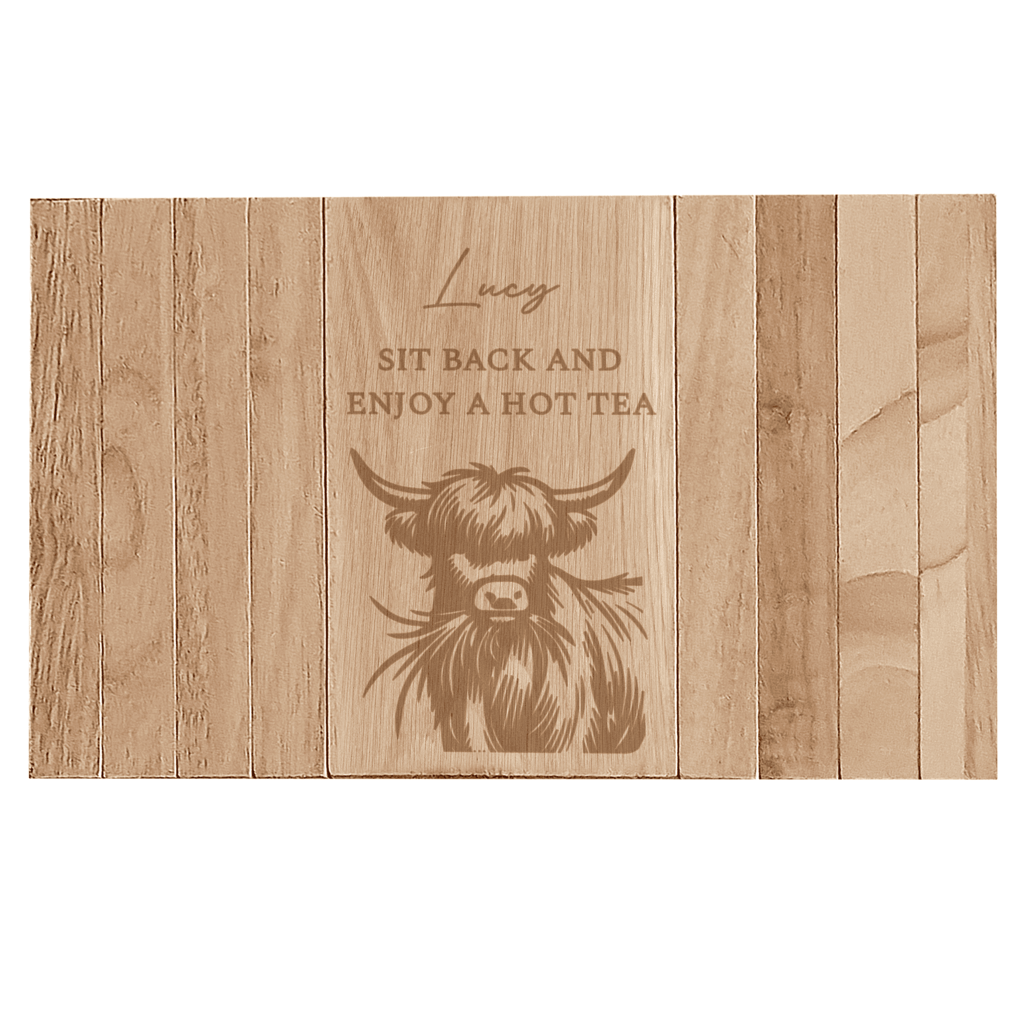 personalised highland cow sofa tray engraved with any message over 3 lines.