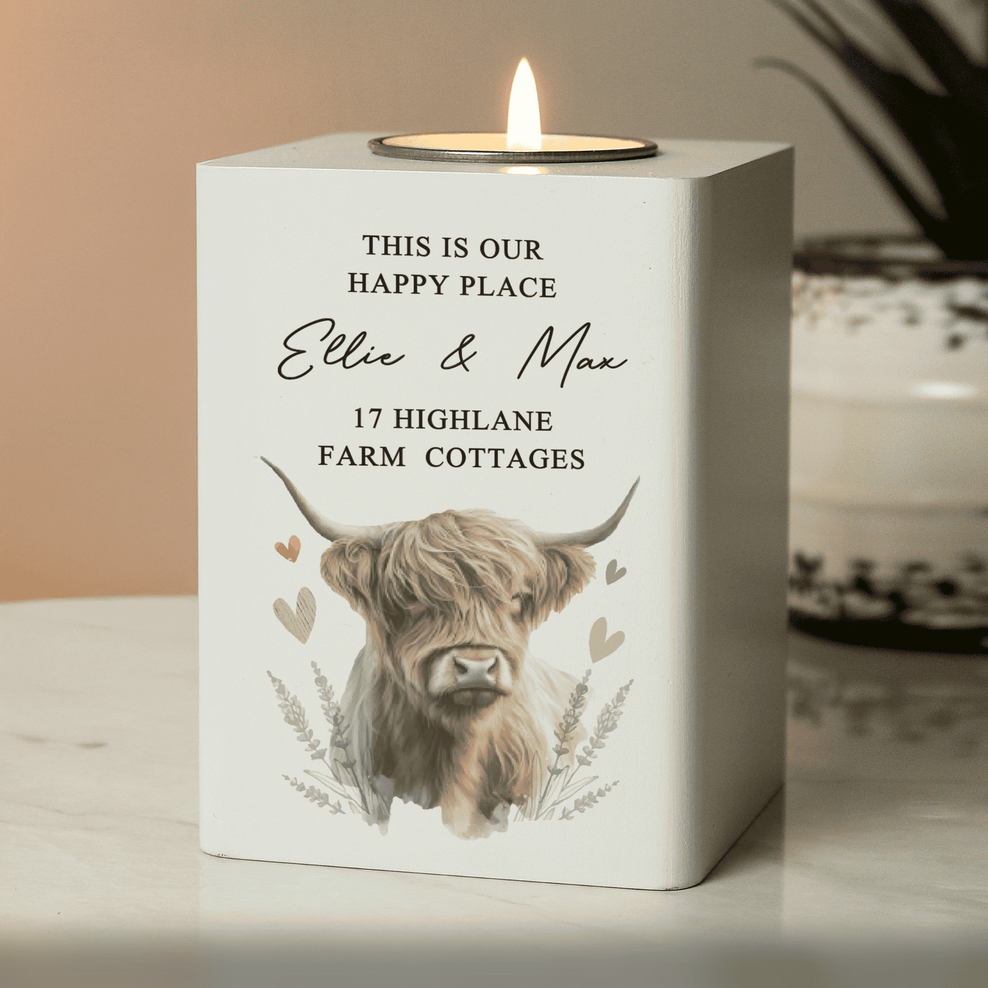 personalised highland cow wooden tealight holder with any message over 5 lines