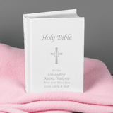 personalised holy bible with a silver cross on the front and 5 lines of personalisation underneath