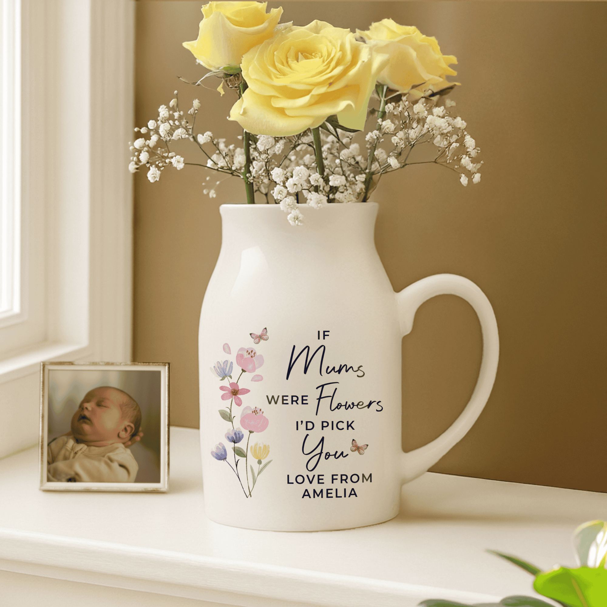 personalised ceramic jug vase with I'd pick you message and personalisation over 2 lines