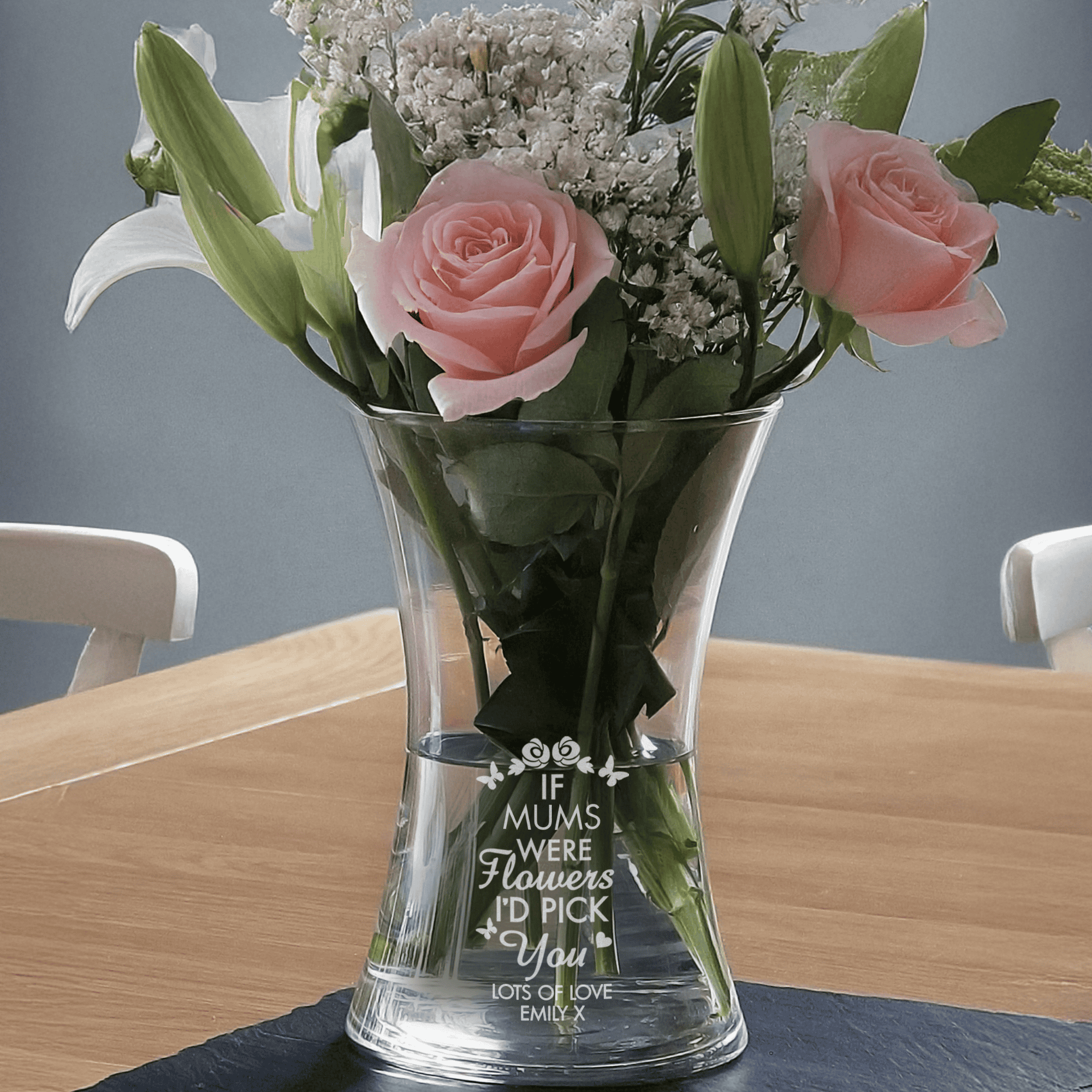 personalised i'd pick you glass vase with a role and message over 2 lines