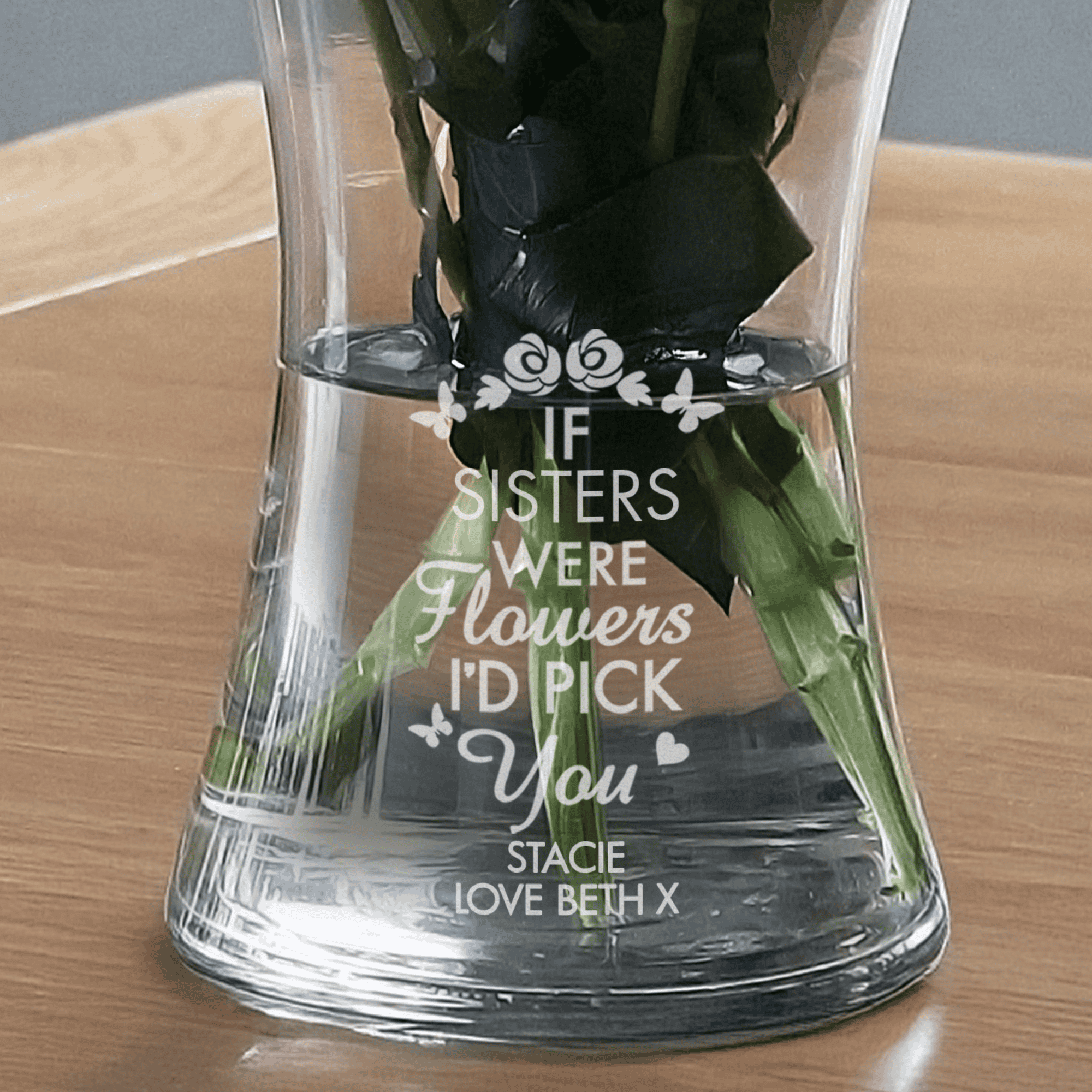 personalised i'd pick you glass vase with a role and message over 2 lines