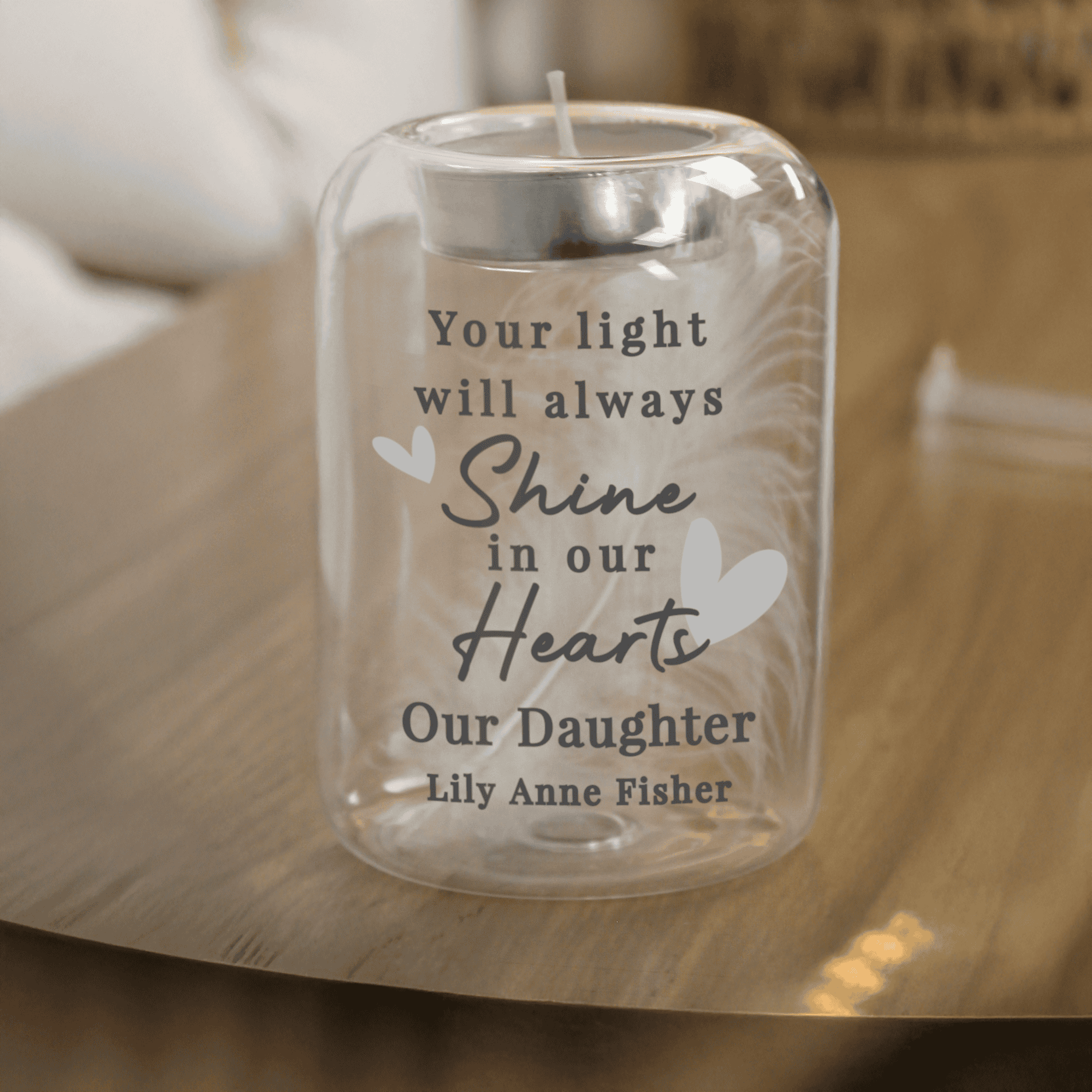 personalised in our hearts feather memorial tealight holder