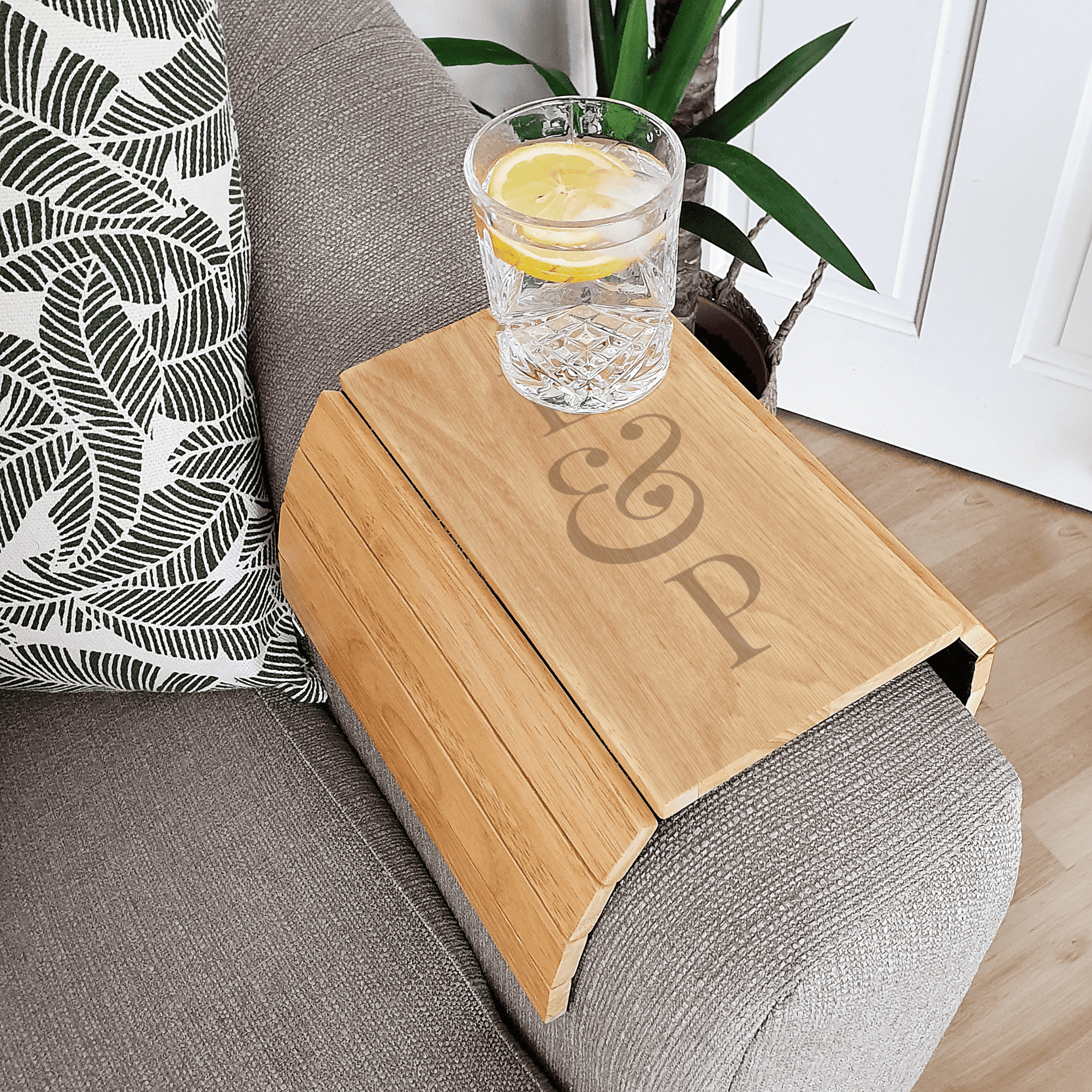 personalised wooden sofa tray engraved with 2 initials