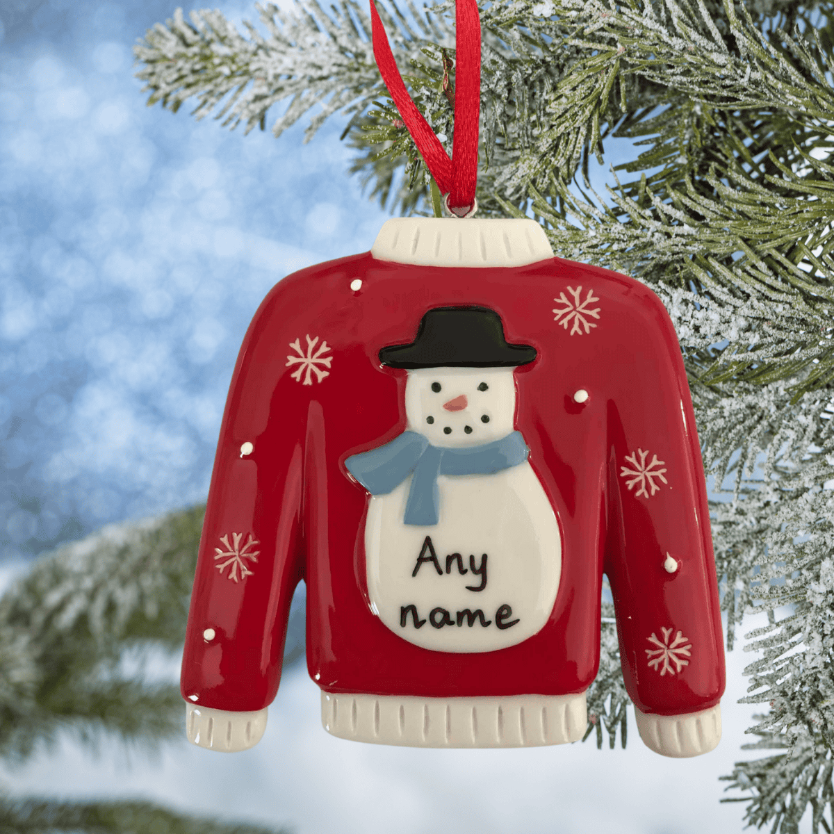 personalised jumper christmas tree decoration with a snowman with a blue scarf