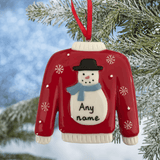 personalised jumper christmas tree decoration with a snowman with a blue scarf