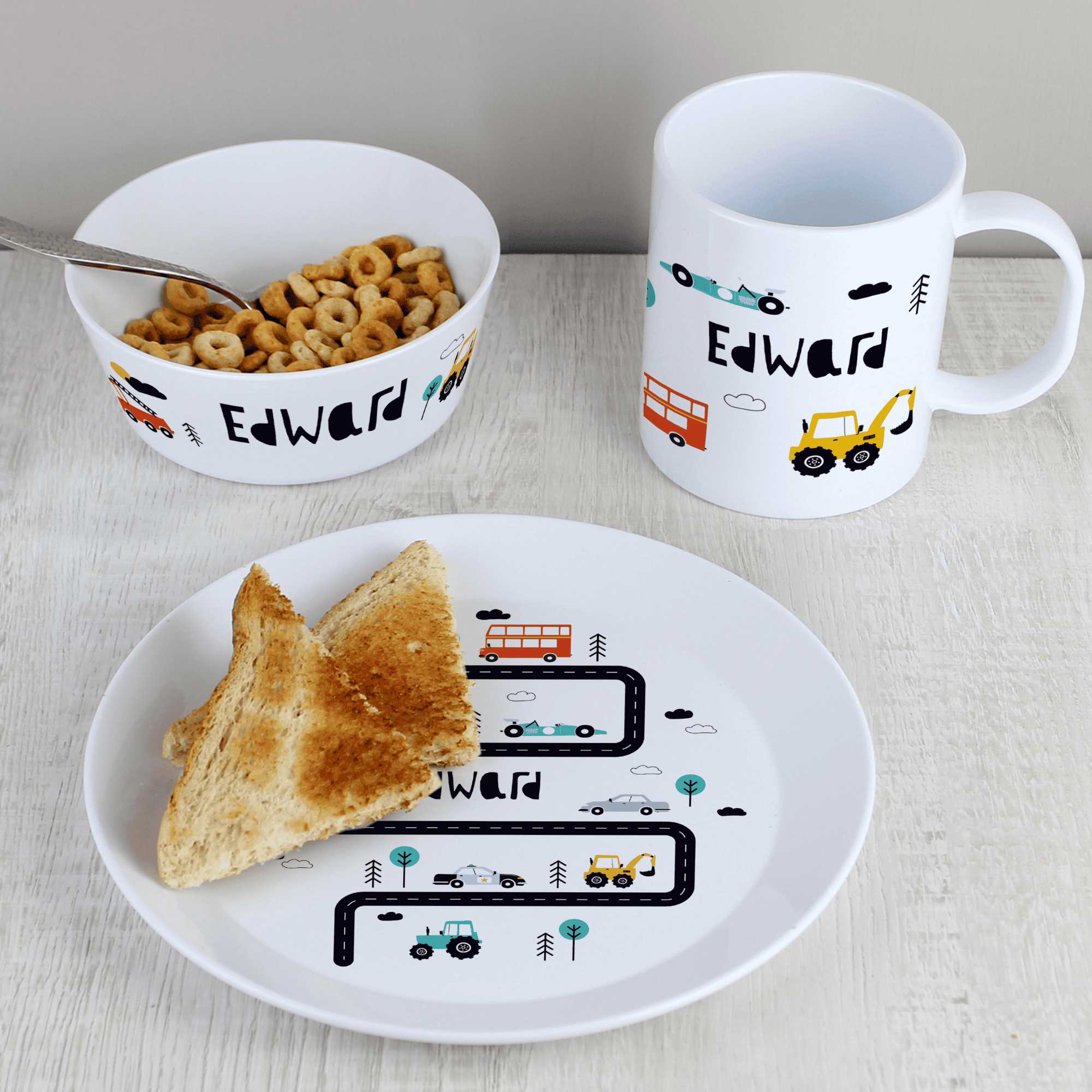 personalised little car plastic breakfast set