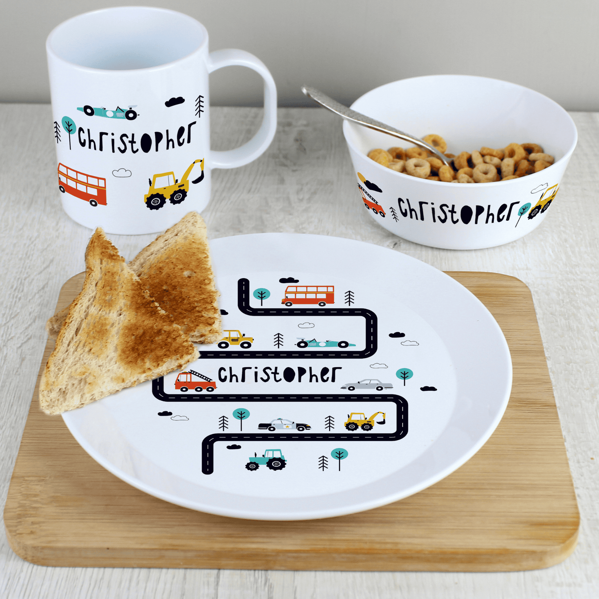 personalised little car plastic breakfast set