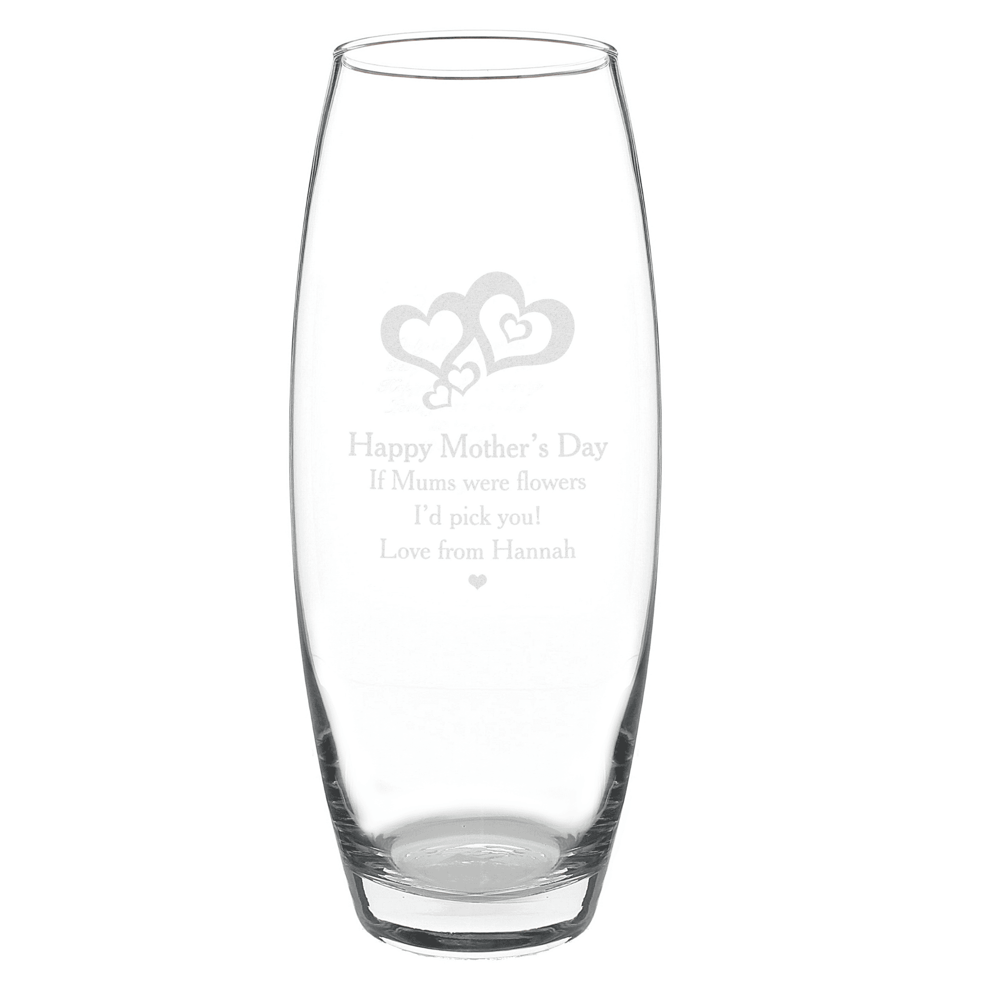 personalised love hearts bullet vase engraved with a message over 3 lines underneath the 2 engraved hearts design