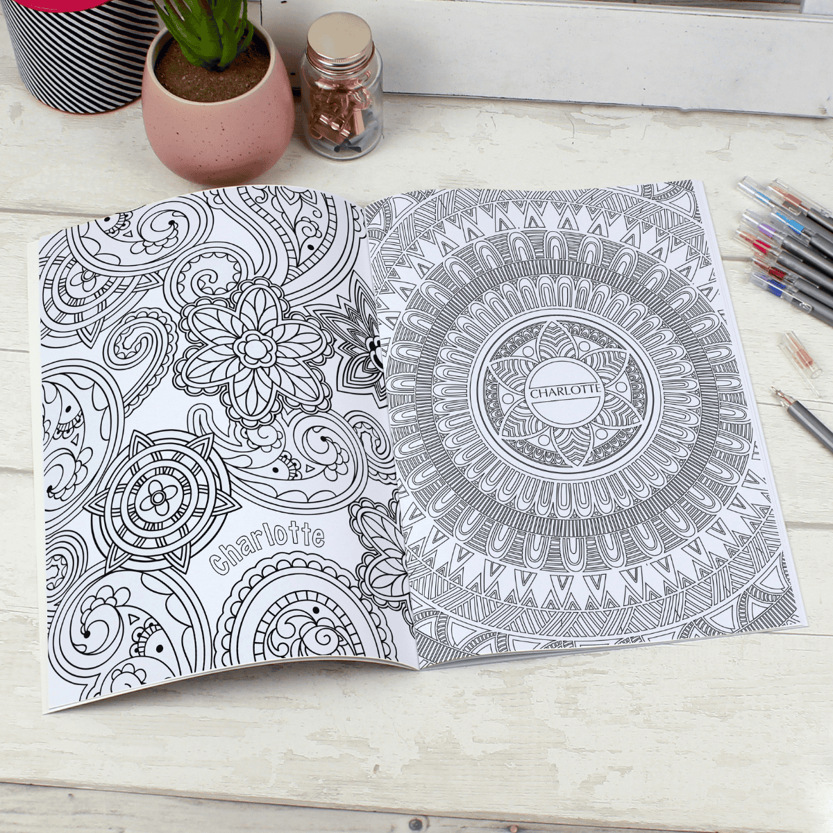 personalised colouring book showing the inside of the book with the chosen name personalised on every page