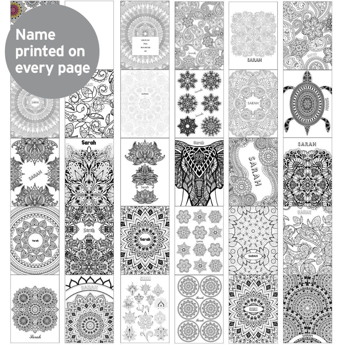 personalised colouring book showing the inside of the book with the chosen name personalised on every page
