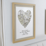 personalised heart map with your chosen postcode area personalised with any message over 4 lines underneath