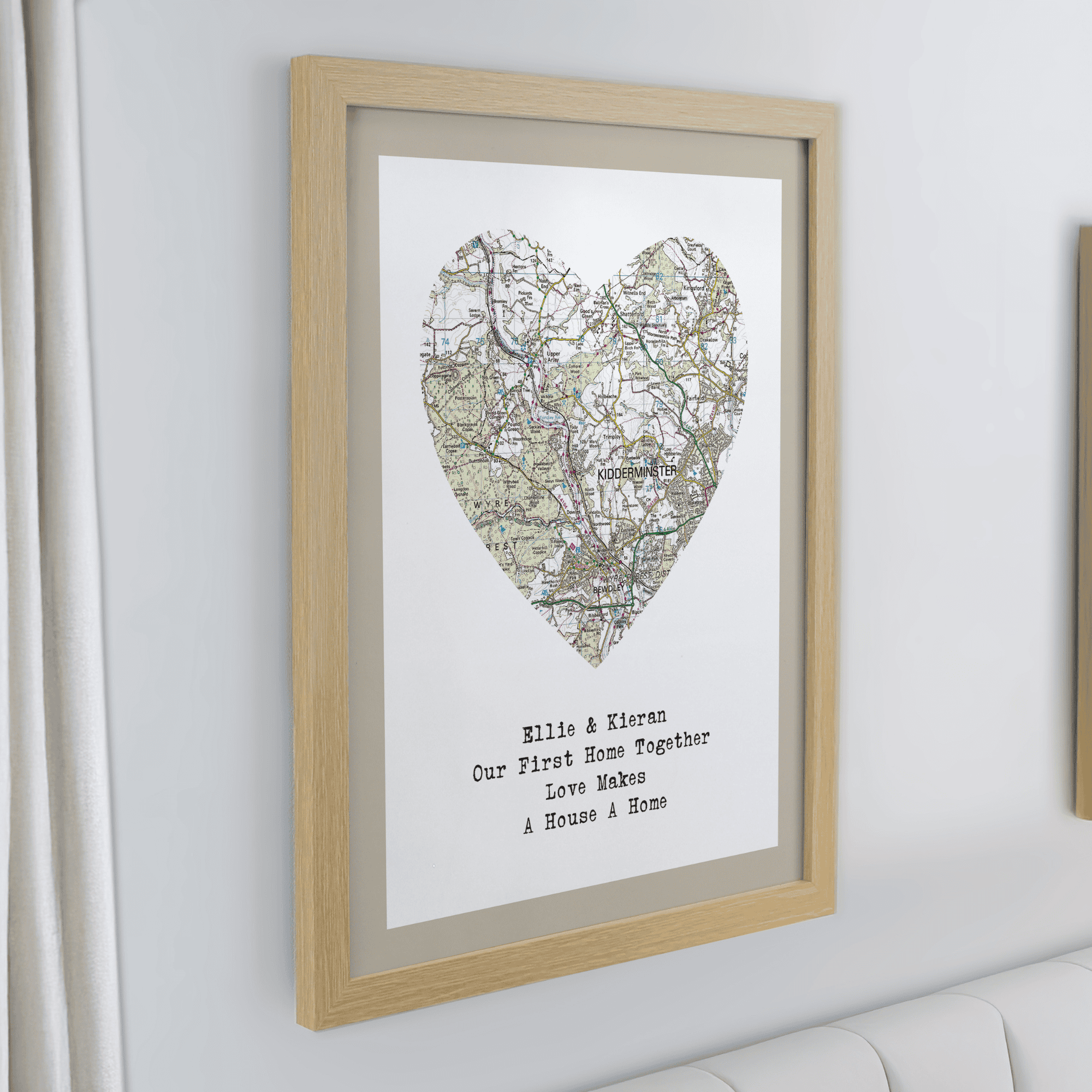 personalised heart map with your chosen postcode area personalised with any message over 4 lines underneath
