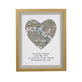 personalised heart map with your chosen postcode area personalised with any message over 4 lines underneath