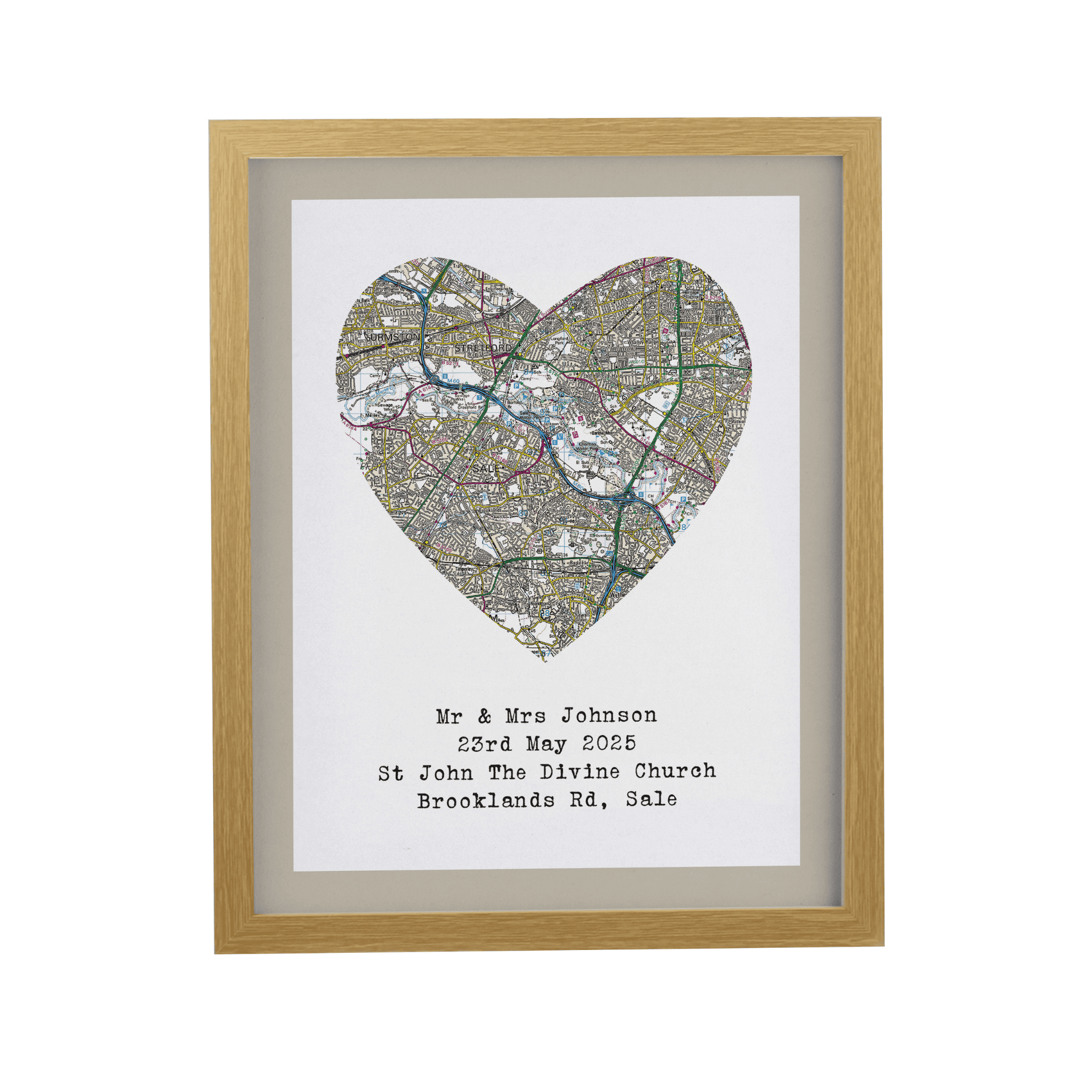 personalised heart map with your chosen postcode area personalised with any message over 4 lines underneath