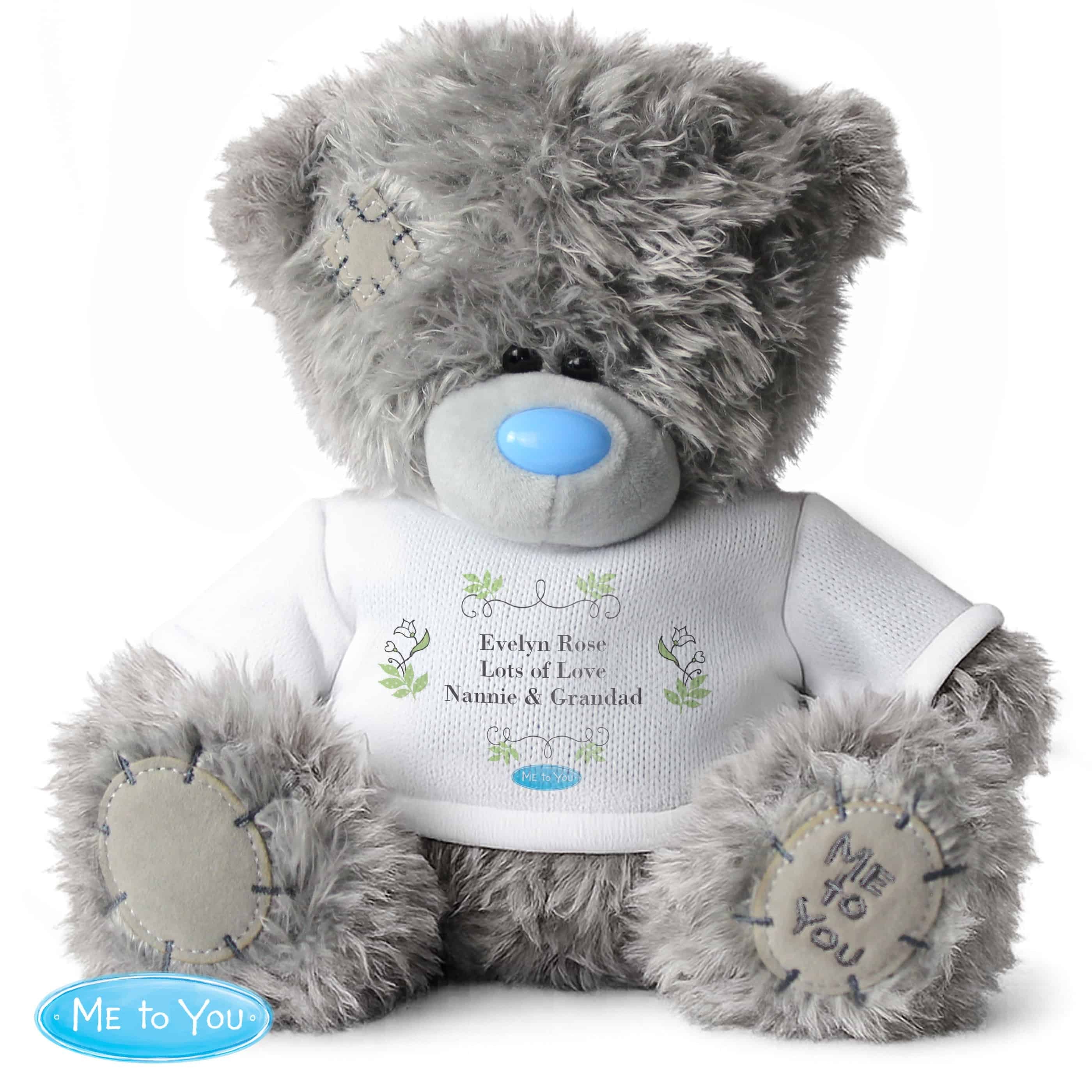 personalised me to you botanical teddy bear with any message over 3 lines personalised on the t-shirt