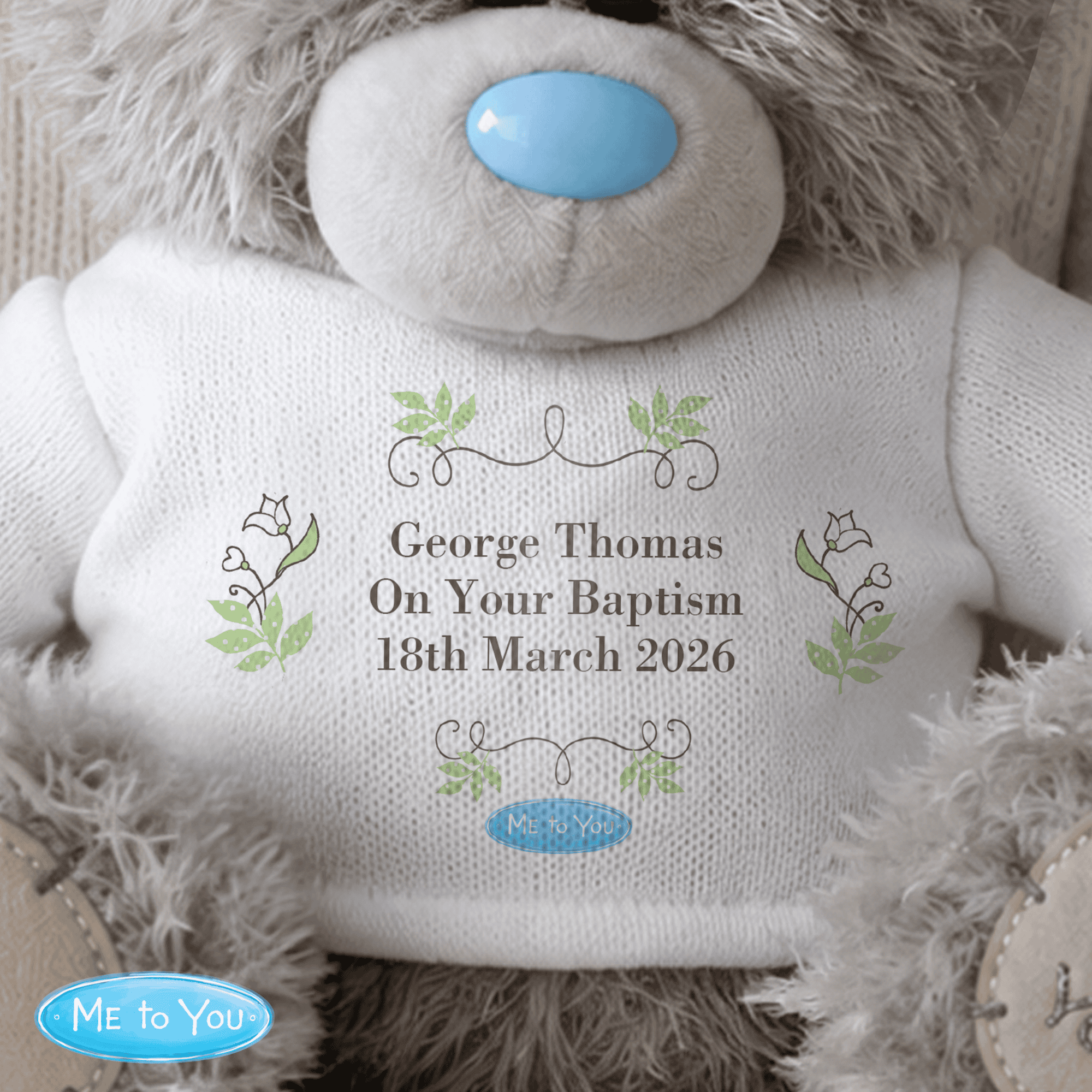 personalised me to you religious teddy bear with any message over 3 lines perosnalised on the jumper