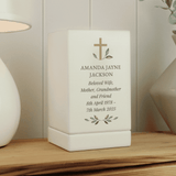 personalised cross memorial small wooden urn can be personalised with a name over 2 lines in larger font and a message below over 5 lines