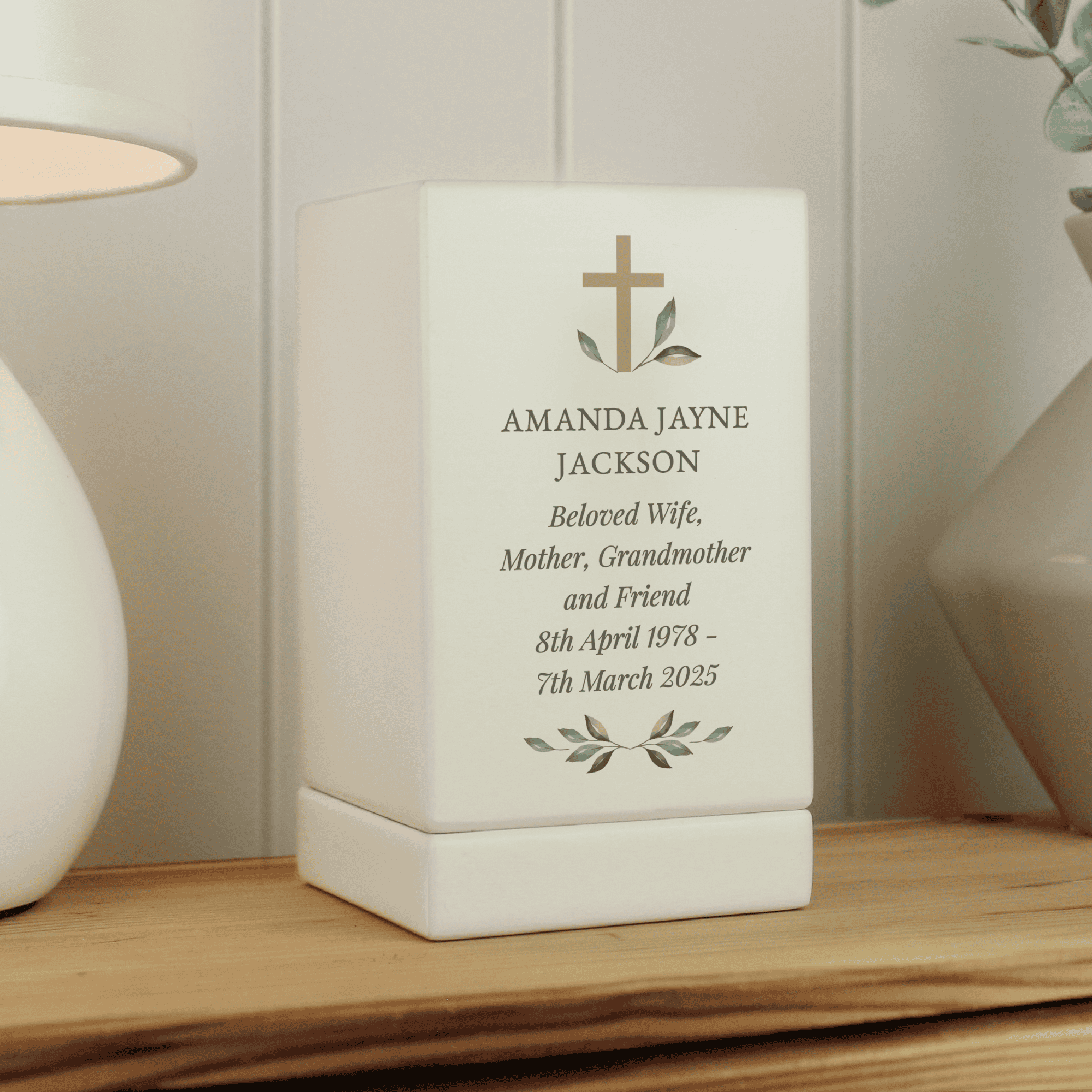 personalised cross memorial small wooden urn can be personalised with a name over 2 lines in larger font and a message below over 5 lines