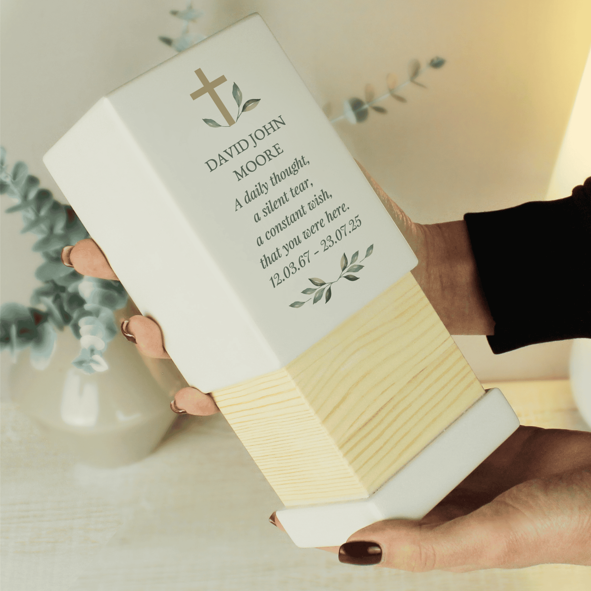 personalised cross memorial small wooden urn can be personalised with a name over 2 lines in larger font and a message below over 5 lines