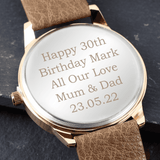 personalied men's rose gold watch with brown strap personalised with any message over 5 lines