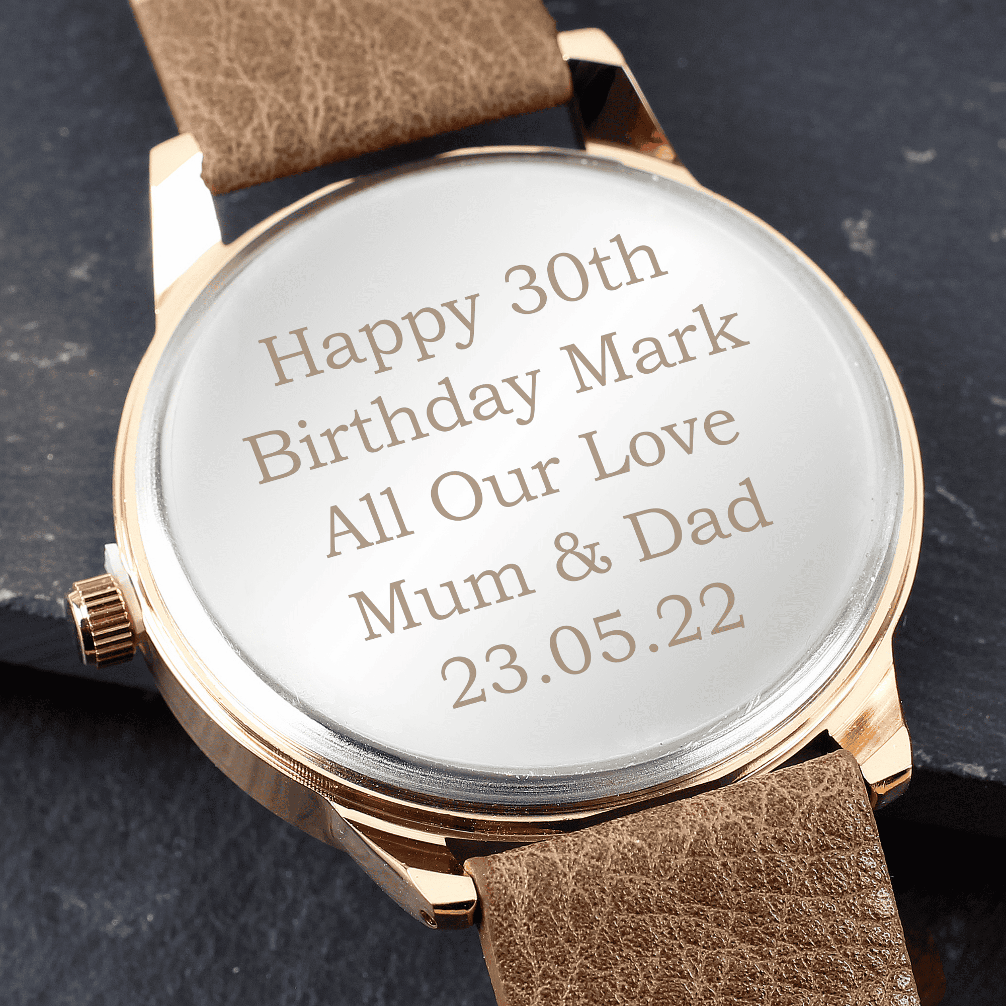 personalied men's rose gold watch with brown strap personalised with any message over 5 lines