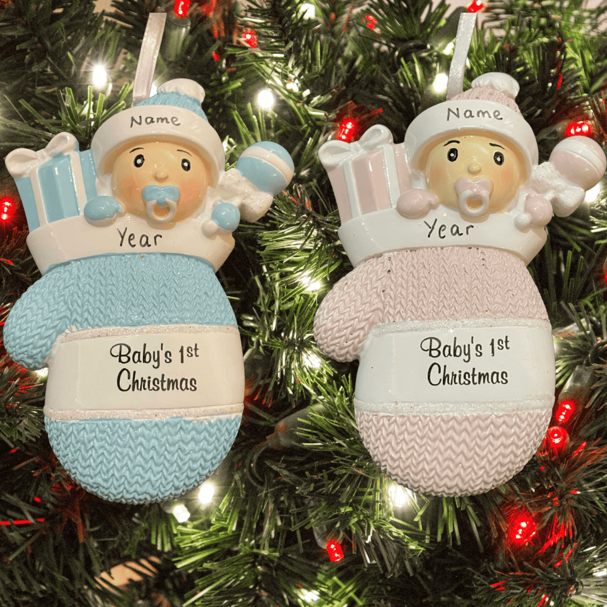 personalised baby's 1st Christmas mitten tree decoration showing the pink and blue options