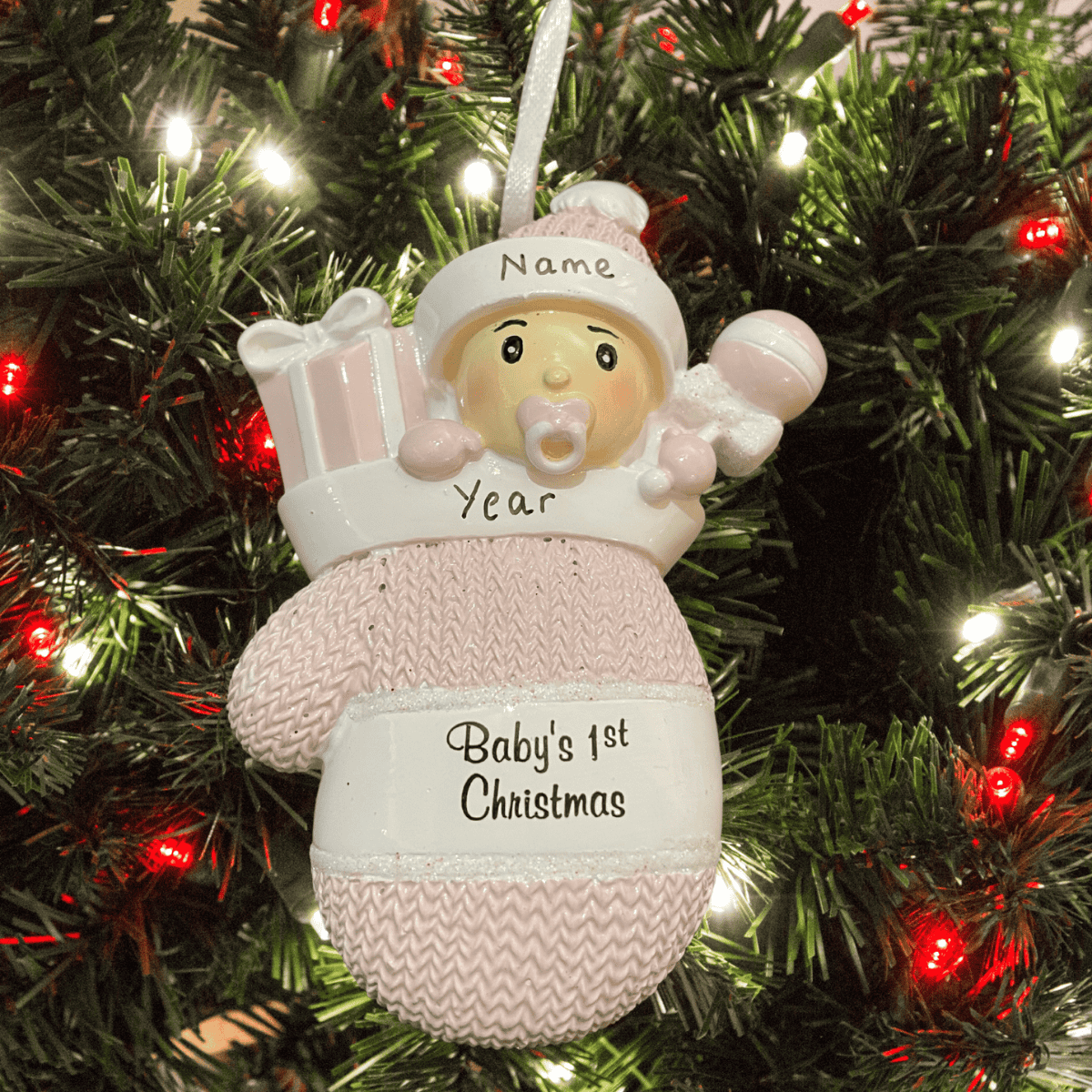 personalised baby girl mitten first christmas tree decoration