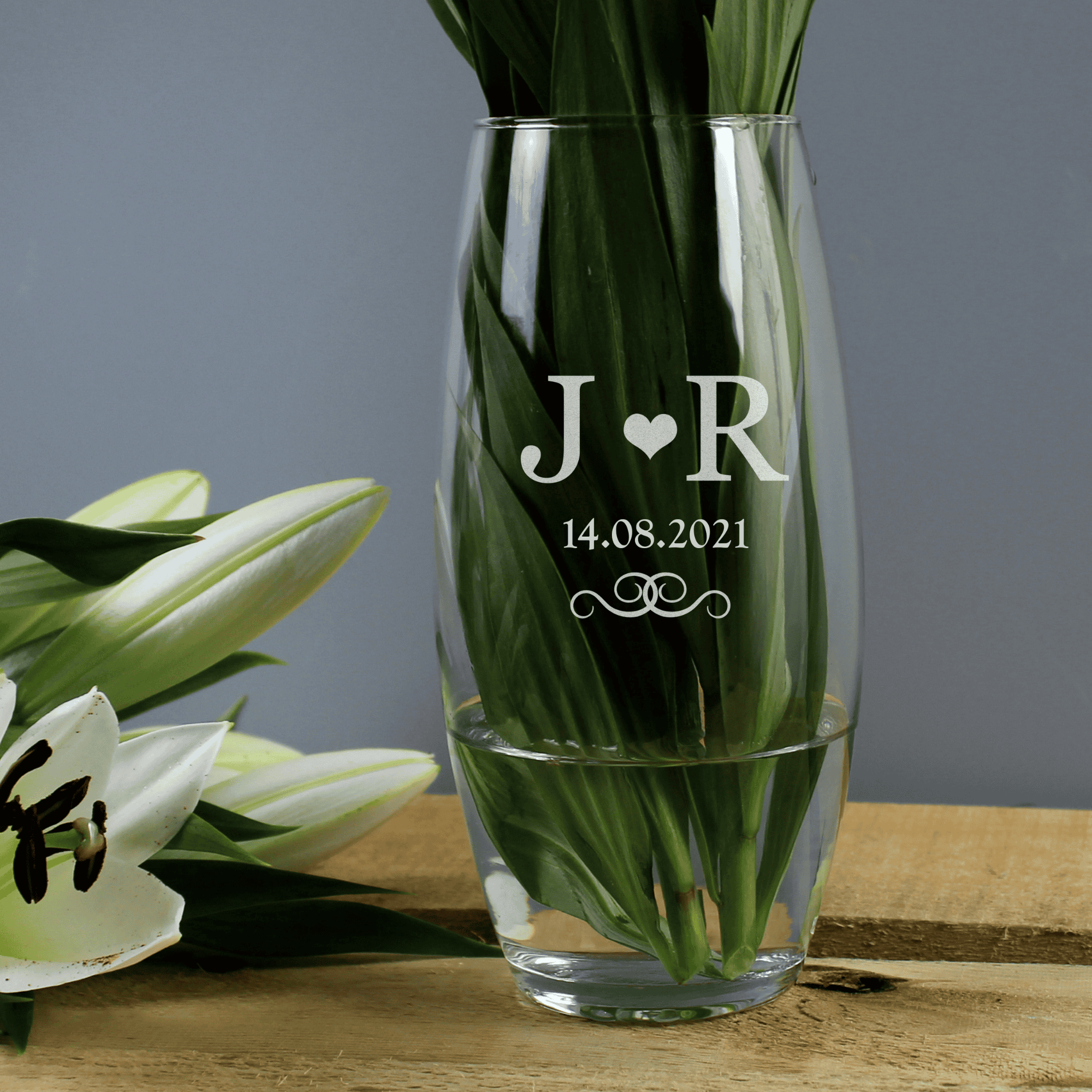 personalised monogram bullet vase with date underneath