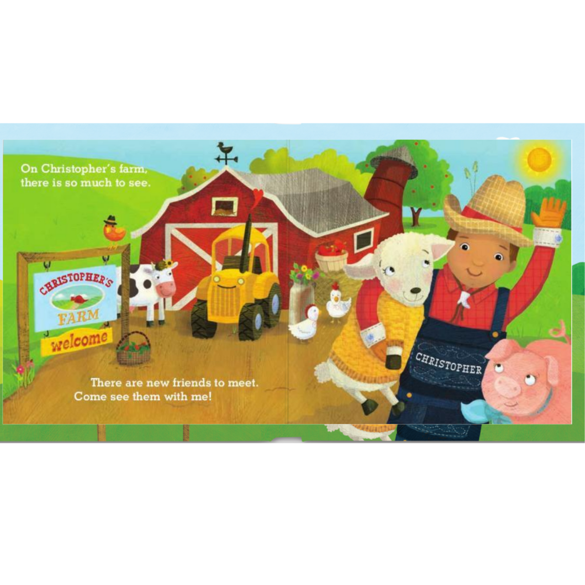 personalised my farm friends book showing an illustrated page inside