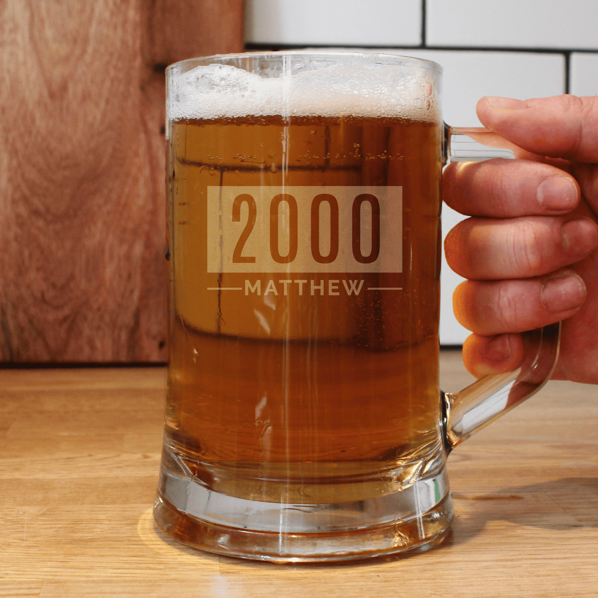 personalised name and date glass tankard