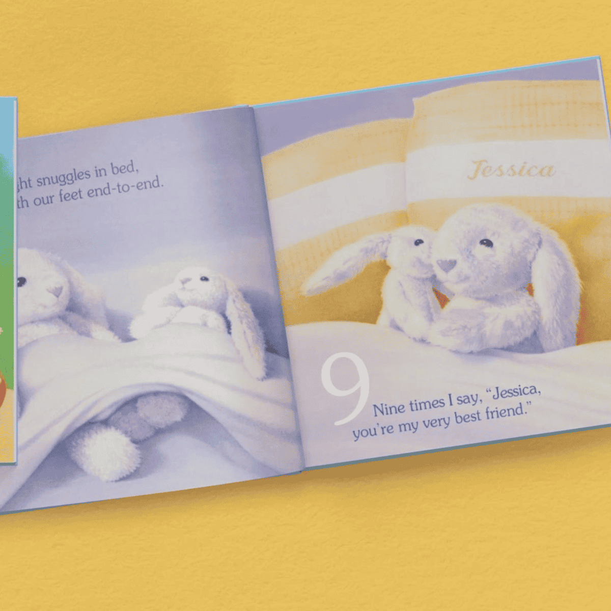 open pages showing the child's name personalised inside the snuggle bunny book