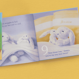 open pages showing the child's name personalised inside the snuggle bunny book