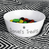 personalised plastic snack bowl with any message personalised on the side below a little grey star