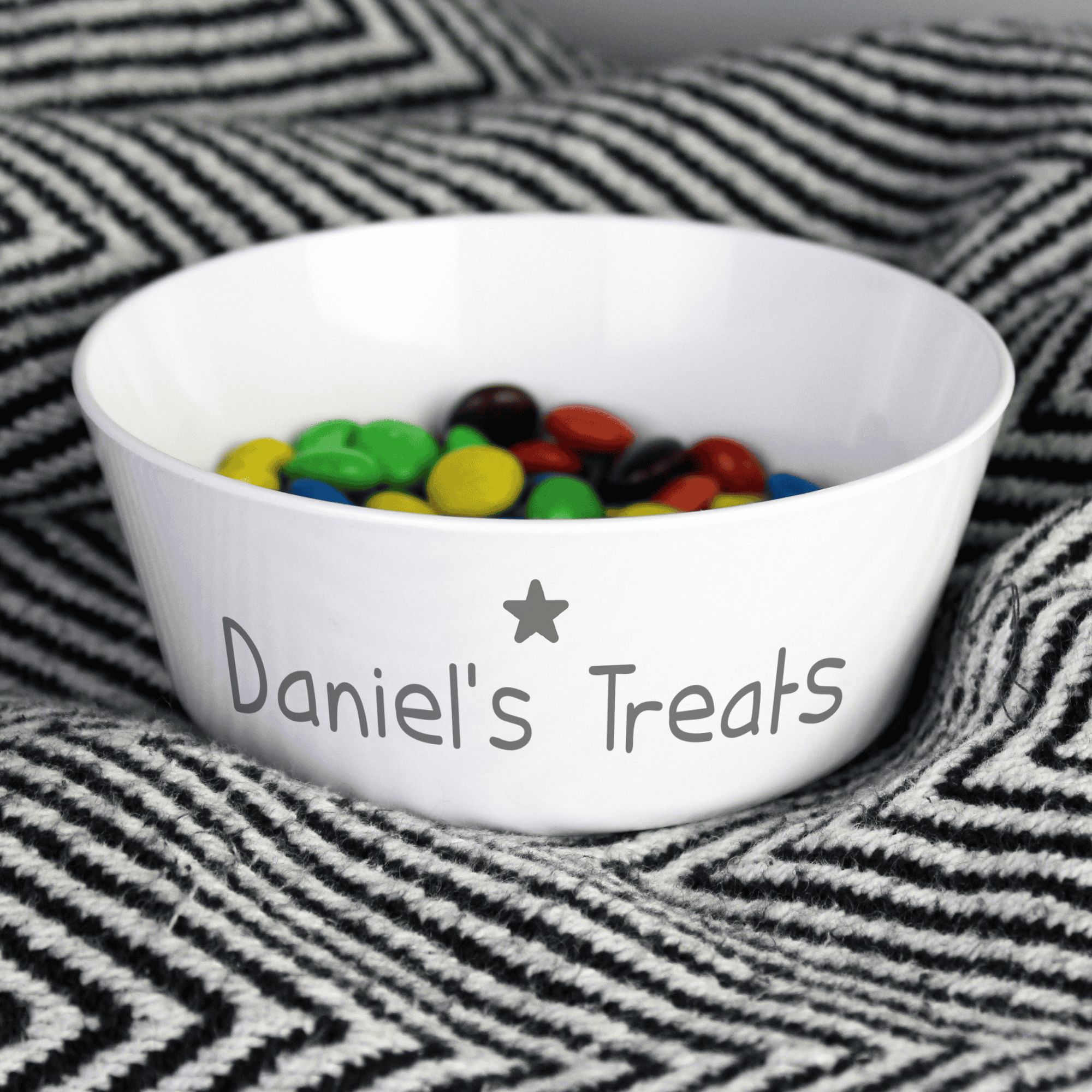 personalised plastic snack bowl with any message personalised on the side below a little grey star