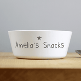 personalised plastic snack bowl with any message personalised on the side below a little grey star