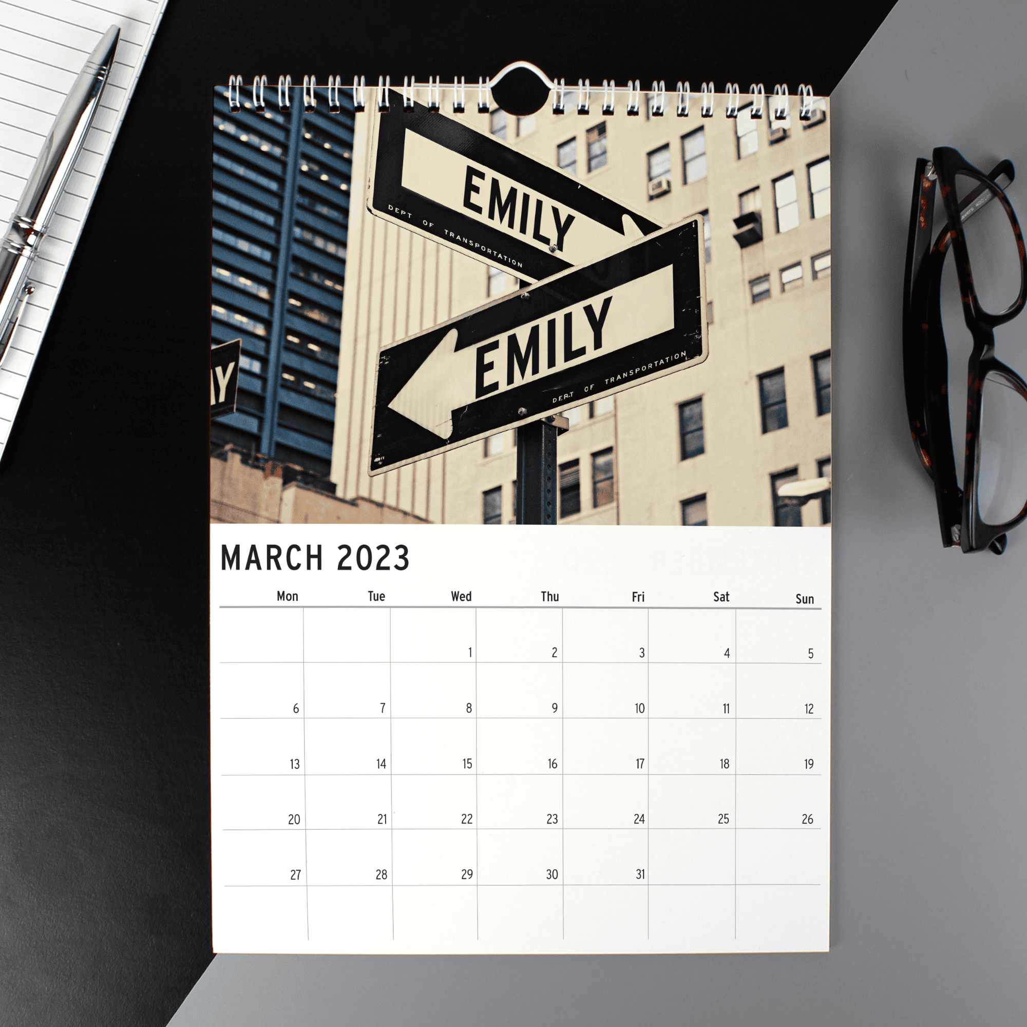 personalised a4 wall calendar of new york with the person's name on every page