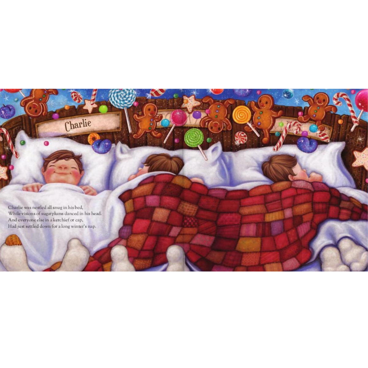 Inside page of the Night Before Christmas storybook showing where the child's name is personalised within the story.