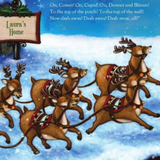 Illustration of reindeer pulling a sleigh with text on a snowy background, featuring the child's name in the image.